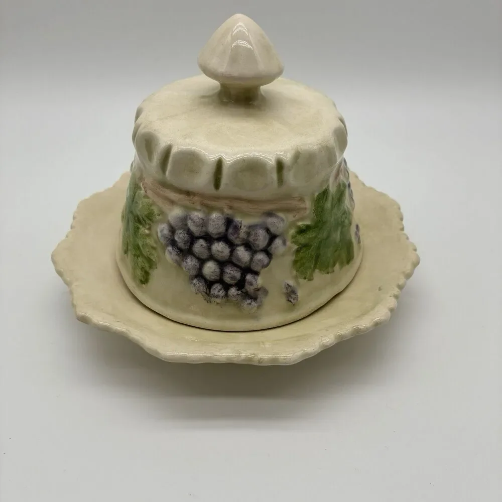 Vintage Cheese And/Or Butter Dish. Cream Color W/ Grapes & Leaves 2 Piece.